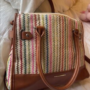 Cambodian faux Leather Trim woven Multicolored, pockets Shoulder purse Boho Bag